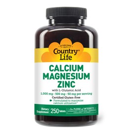 Country Life Country Life Calcium Magnesium Zinc with Vitamin D3 and L-Glutamic Acid, Dietary Supplement for Bone Support, Certified Gluten Free, 1000mg/500mg/50mg, 250 Tablets