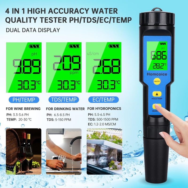 Homcoice PH Meter 4 in 1 TDS EC Temperature, pH