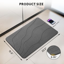 JANERIW Stone Bath Mat, Dries Quickly Diatomaceous Earth Stone Bath Mats for Bathroom, Easy to Clean, 23.5" x 15.5" Dark Gray-Wave