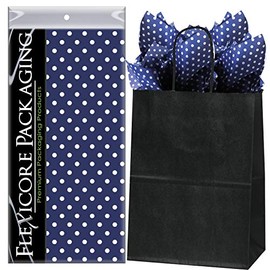 Flexicore Packaging Black Kraft Paper Gift Bags & Navy Blue Gift Wrap Tissue Paper | Size: 8 Inch X 4.75 Inch X 10.5 Inch | Count: 5 Bags | Color: Navy Blue Polka Dot