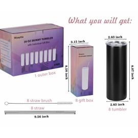 Wzaytia 20 Oz Stainless Steel Straight Skinny Tumbler Set (8 Pack), Insulated Slim Thin Travel Cup with Lid, Black