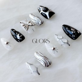 [GLORS] Gothic Press-On Nails Set, Black and Silver, Metallic Butterfly Design, 10 Pieces (L,Almond)