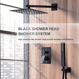 SaniteModar Black Shower Head System 8 Inch Square Rainfall Shower Head with Handheld Shower Vaval and Trim Kit Wall Mounted Shower Faucet Set, Matte Black Shower Head