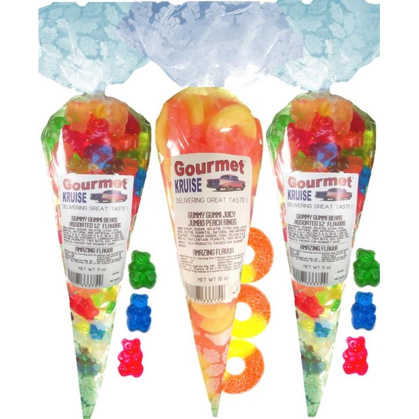 Gummy Bears (2) Assorted 12 Flavor Mix (1) Juicy Jumbo Peach Rings (NET WT 32 OZ) Gourmet Kruise Signature Gift Bags Gummi
