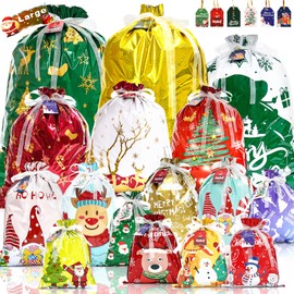 Christmas Drawstring Gift Bags, 32Pcs Xmas Wrapping Bags Large Medium Small for Presents with 32Pcs Tags for Birthday Holiday Party