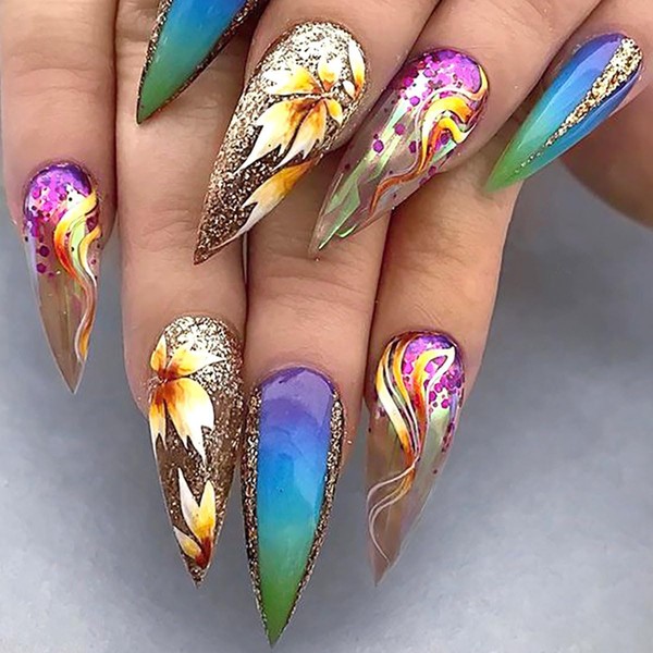 XZMeiLun Fall Press On Nails Long Almond, Autumn Glitter Acrylic