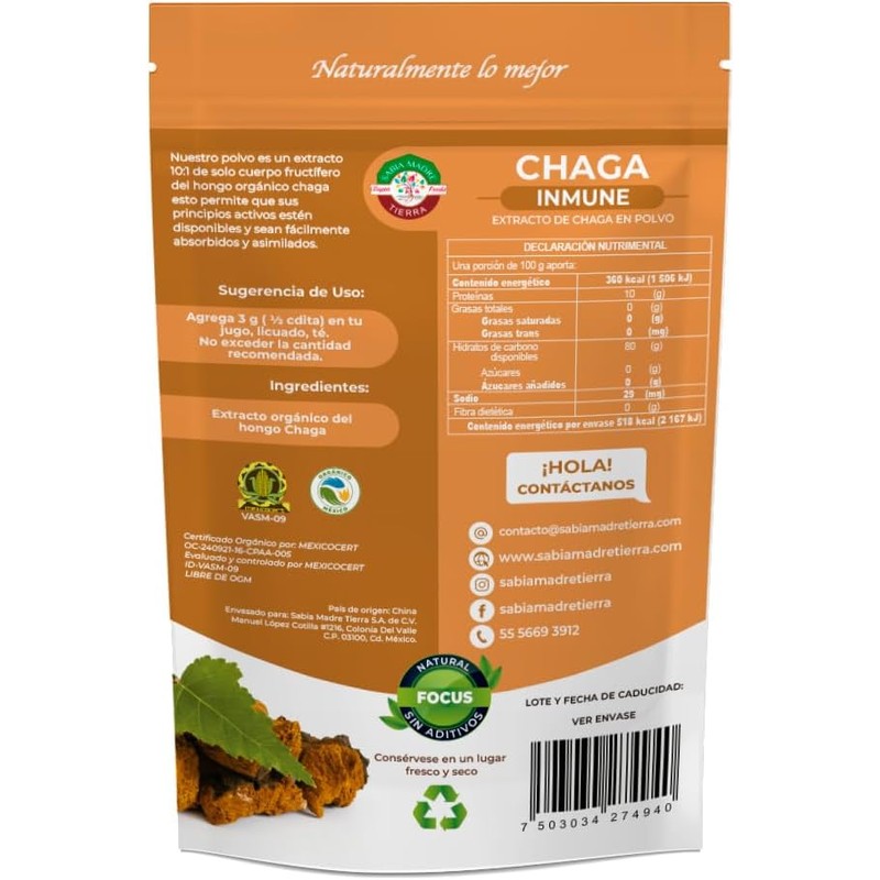 Chaga orgánico en polvo 120g – Potente antioxidante Sabia Madre