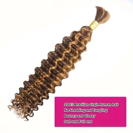 Human Braiding Hair for Boho Braids 4/27 Deep Wave Bulk Human Hair for Braiding 16 Inch 1 Bundles 50g 100% Brazilian Wet and Wavy Curly Human Hair Braiding Hair Extensions No Weft Bundles