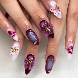 3D Flower Press on Nails Short Almond Fake Nails with Embossed Peach Blossom Designs Acrylic Glue on Nails Cute Cat Claw False Nails Glossy Full Cover Stick on Nails for Women Girls 30Pcs