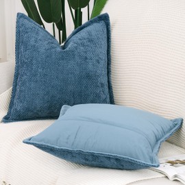 Madizz Set of 2 Chenille Velvet Cushion Covers with Flange Soft Boho Textured Throw Pillow Covers Broadside Pillowcases Modern Farmhouse Home Decor for Sofa Bedroom Dark Blue 16x16 inch, 40x40 cm