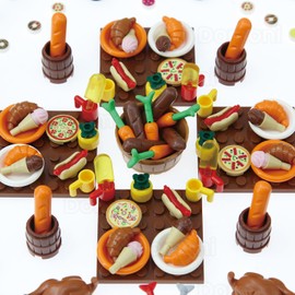 Creative City Food Building Blocks Set Imaginative Play Accessories with Pizza, Shopping Trolley, Fruits, Veggies, Compatible with Major Brands, Ideal for Party Favors and Educational