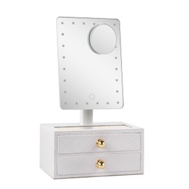 Star Vision 2-in-1 Lighted Makeup Mirror with PU Jewelry Organizer, Dimmable 6,000K Cool White Light, 2-Layer Drawers, PU Surface with Stitching, Includes a 10X Magnification Mirror, White