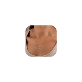 Gold Necklace for Women Trendy - 14K Gold Plated Dainty Cross Pendant Birthstone Necklaces, May Birthstone Necklace, Created Emerald Necklaces for Women Jewelry Gifts