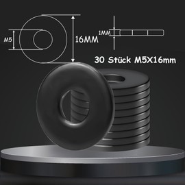 qingmeng Pack of 30 Washers M5 x 16 mm Flat Body Washers 304 Stainless Steel Black Large A2 V2A Washers Set, Spacers Door Underlegs