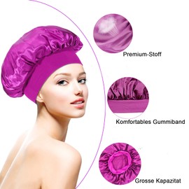 Pack of 2 Silk Bonnet for Sleeping, Satin Bonnet for Curls, Silk Sleep Cap Women, Soft Night Cap, Elegant Sleep Cap, Silk Sleep Cap, Adjustable Night Cap, Hair Protection with Elastic Band (Black, Purple)