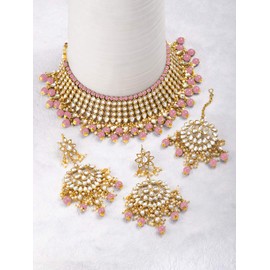 Aheli Pink Pearl Kundan gargantilla collar con pendiente Maang Tikka indio tradicional étnico nupcial conjunto de joyería para mujer