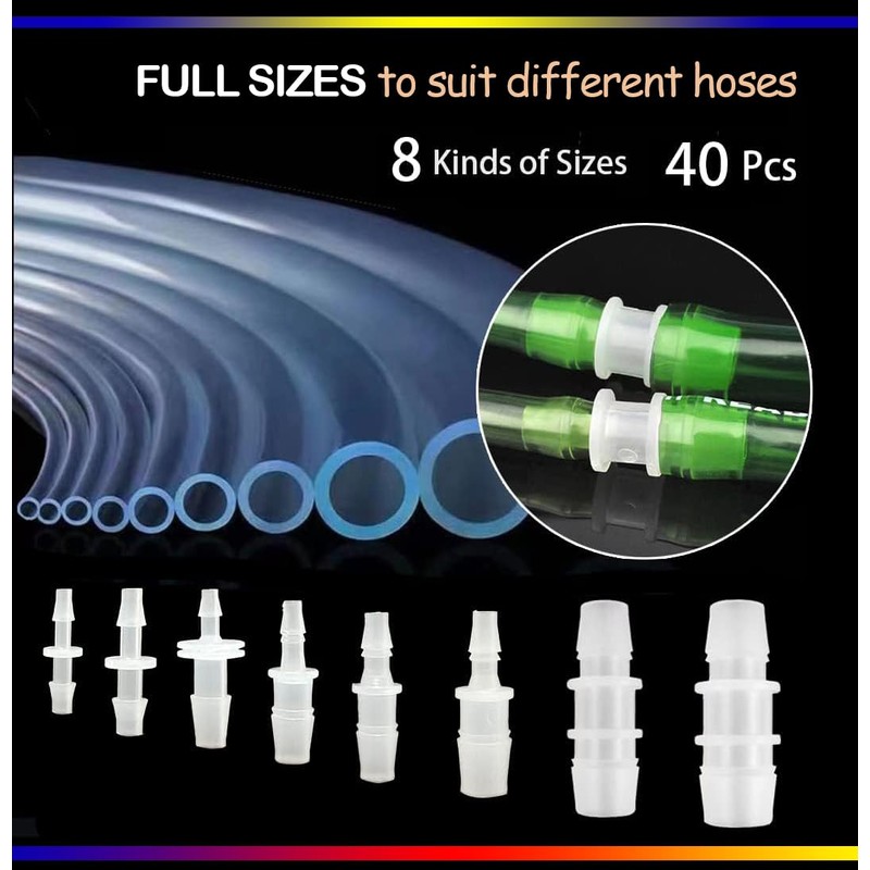 40Pcs Plastic Hose Barb Reducing Fittings Assortment, 8 Sizes of