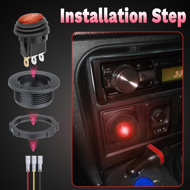 Round Rocker Switch, 12V Toggle Switch, Waterproof Lighted LED On/Off