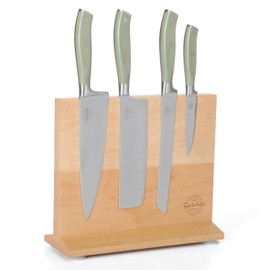 Sur La Table Kitchen Essentials 5 Piece German Steel Blade With Triple Riveted Handle Set on Beechwood Magentic Block - Juniper Green