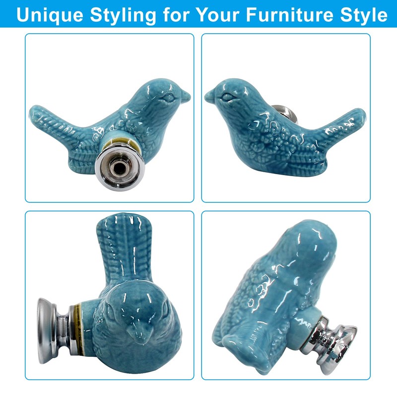 HARSKIYER Bird Shape Ceramic Knobs, 2 Pack Blue Cute Cabinet