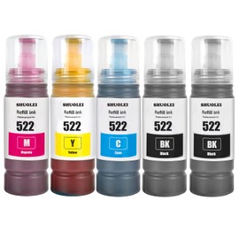522 Ink Replacement for Epson 522 Ink Refill Bottles for Ecotank ET-2800 ET-4800 ET-4810 ET-2400 ET-2803 ET-2720 ET-2840 ET-4700 Inkjet Printer 5-Pack 2Black/Cyan/Magenta/Yellow