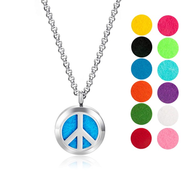 Wild Essentials Peace Sign Essential Oil Diffuser Necklace, Stainless Steel Locket Pendant with 24 inch Chain, 12 Color Refill Pads, Customizable Color Changing Perfume Jewelry for Aromatherapy