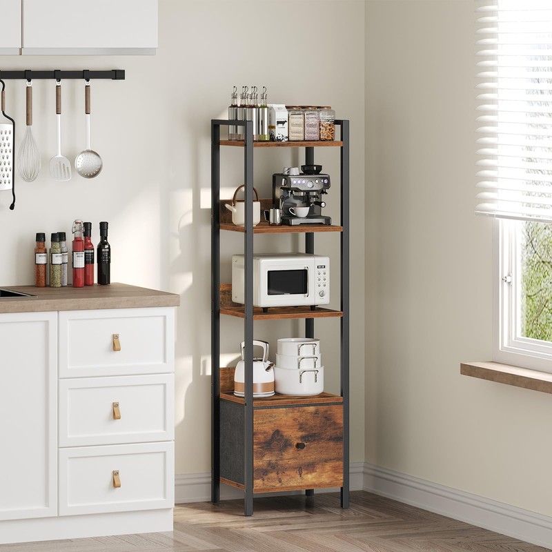 MAHANCRIS Bookshelf, 5-Tier Bookcase with Drawer, Small Book Shelf for