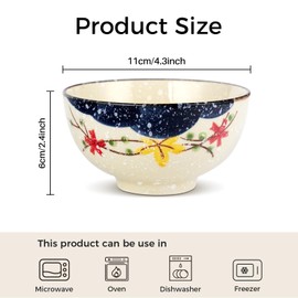 clothmile 4.5 Inch Japanese Retro Rice Bowls Set of 2 Japanese Style Hand-Painted Floral Plum Ceramic Bowls for Cereal, Soup, Dessert, Snack, Fruit, Salsa for Xmas Present