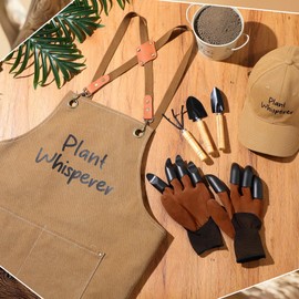 Tarpop Garden Tool Set Plant Whisperer Gardening Gifts for Women, 7 Piece Vegetable Planting Tool Kit with Cap Canvas Apron Gloves Soil Scoop Transplant Trowel Cultivator Flower Tub (Brown)