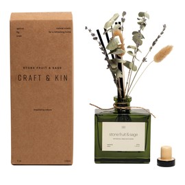 Craft & Kin Christmas Reed Diffuser with Dried Flowers | 5 oz Stone Fruit & Sage​​ Scented Holiday Reed Diffusers for Home, Bathroom | Scent Sticks | Elegant Fragrance Home Decor for Men & Women