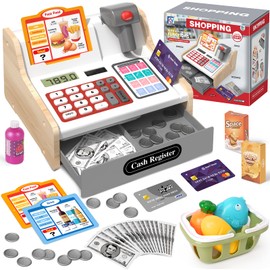 2025 Kasse Kinder Spielzeug aus Holz mit Scanner Rechnerfunktion, Elektronische Spielzeug Kaufladen Zubehör für Kinder, Kinderkasse Kaufladen Rollenspiel Geschenk für Jungen Mädchen ab 3 4 5 6 Jahren