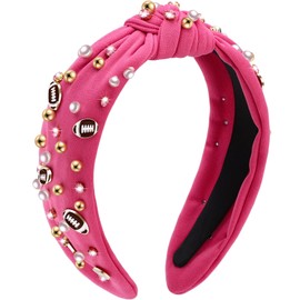 WantGor Pearl Knotted Headband, Women Rhinestone Embellished Hairband Elegant Wide Top Knot Bride Headbands Headpieces Party Fashion Elegant Ladies Hair Band Hair Hoop Accessories (Football Hot Pink)