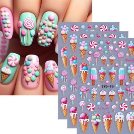 3 Sheets Lollipop Ice Cream Nail Art Stickers Spring Summer Nail Stickers 3D Self-Adhesive Nail Decals for Nail Art Cute Nail Supplies for Women Girls Manicure Decorations