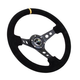 NRG Steering Wheel (350mm / 3in. Deep) in Black Suede with Circle Cut Spokes & Single Yellow CM