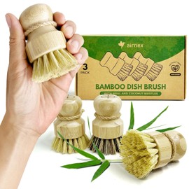 AIRNEX Bamboo Dish Brush Set of 3 - Natural Wooden Dish Scrubber w/Medium Stiff Sisal & Coconut Bristles - Kitchen Scrub Brush for Dishes, Pots & Pans