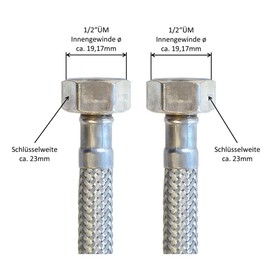 H2O-Flex® Panzerschlauch beidseitig 1/2 Zoll ÜM, Flexschlauch mit 2 x 1/2" Überwurfmutter DN8 für Sanitär Armaturen mit Trinkwasserzulassung 500mm