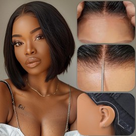 flooyeer 12 Inch Real HD Lace Bob Wigs Human Hair, 180% Density Yaki Straight Closure Wigs Human Hair 5x5 Invisible HD Lace Short Bob Wig Pre Plucked Bleached Knots Glueless Bob Wig with Baby Hair