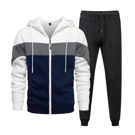 Men's Hooded Athletic Tracksuit Casual 2 Pieces Suits Color Block Hoodies and Sweat Suit Set (White02, XL)