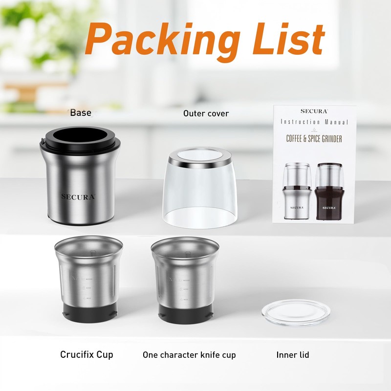 Secura Electric Coffee Grinder and Spice Grinder with 2 Stainless