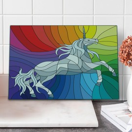 Ambesonne Unicorn Cutting Board, Stained Glass Themed Mosaic Graphic of Magic Horse on Rainbow Colors Tile Art, Decorative Tempered Glass Cutting and Serving Board, Large Size, Red Aqua