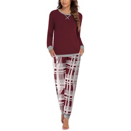 Ekouaer Pajamas Set for Women Long Sleeve Crew Neck Comfy Pjs Lounge Sets With Pockets Wind Red Plaid X-Large
