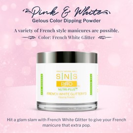 SNS Nail Dip Powder, French White Glitter F3 (Natural/Nudes, White, Glitter) - Long-Lasting Acrylic Nail Color & Polish Lasts up to 14 days - Low-Odor & No UV Lamp Needed - 4 Oz