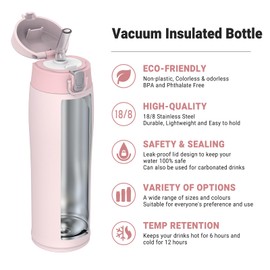 AORIN Drinking Bottle - 500 ml - 18/8 Stainless Steel Water Bottle Leak-Proof Drinking Bottle Children with Straw BPA-Free | School, Sports, Water, Bicycle