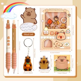 Lezehea Capybara Gel Pen Set with 2 Animal Pens Capybara Pens with Capybara Keyring with Notebooks with Sticky Notes with Clip, Capybara School Items, Cute Capybara Pen Set (Black 0.5 mm)