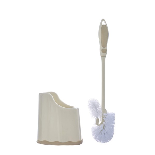 Superio Toilet Bowl Brush and Holder with Under Rim Cleaner for Bathroom, Toilet Brush and Caddy with Non Scratch Bristles and Under Rim Lip Brush, Beige