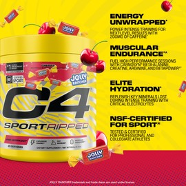 C4 Sport Ripped Pre Workout Powder - Jolly Rancher Cherry - NSF Certified for Sport - Elite Hydration - 200mg Caffeine + Creatine + Beta-Alanine - Electrolytes and Energy - 20 Servings
