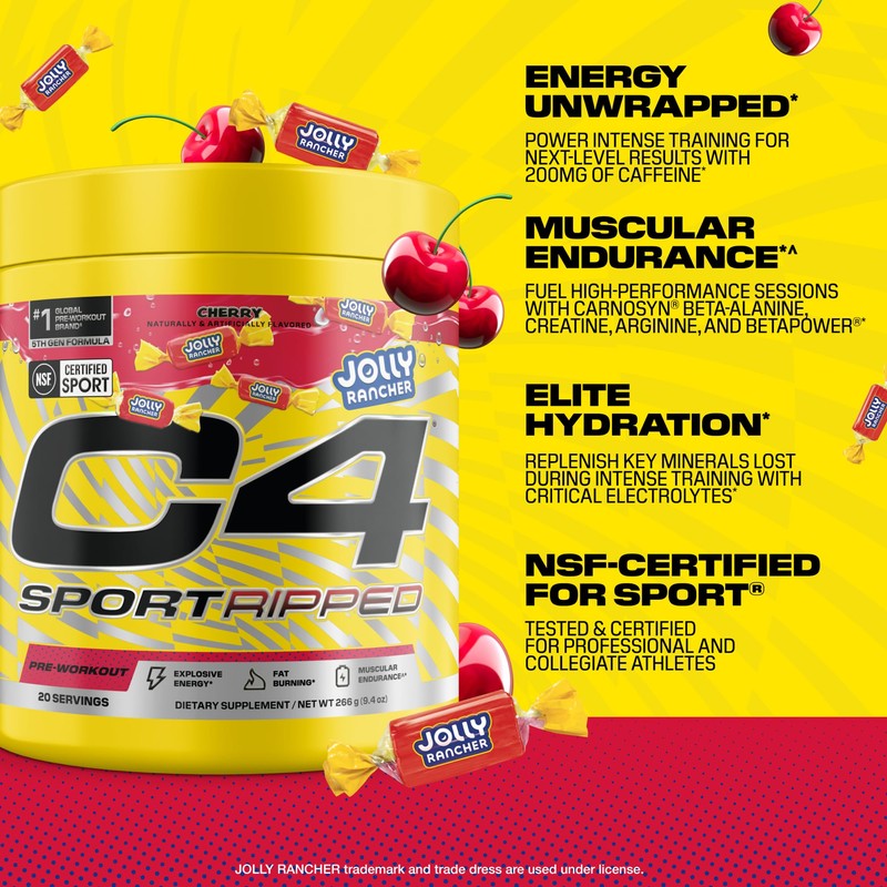 C4 Sport Ripped Pre Workout Powder - Jolly Rancher Cherry