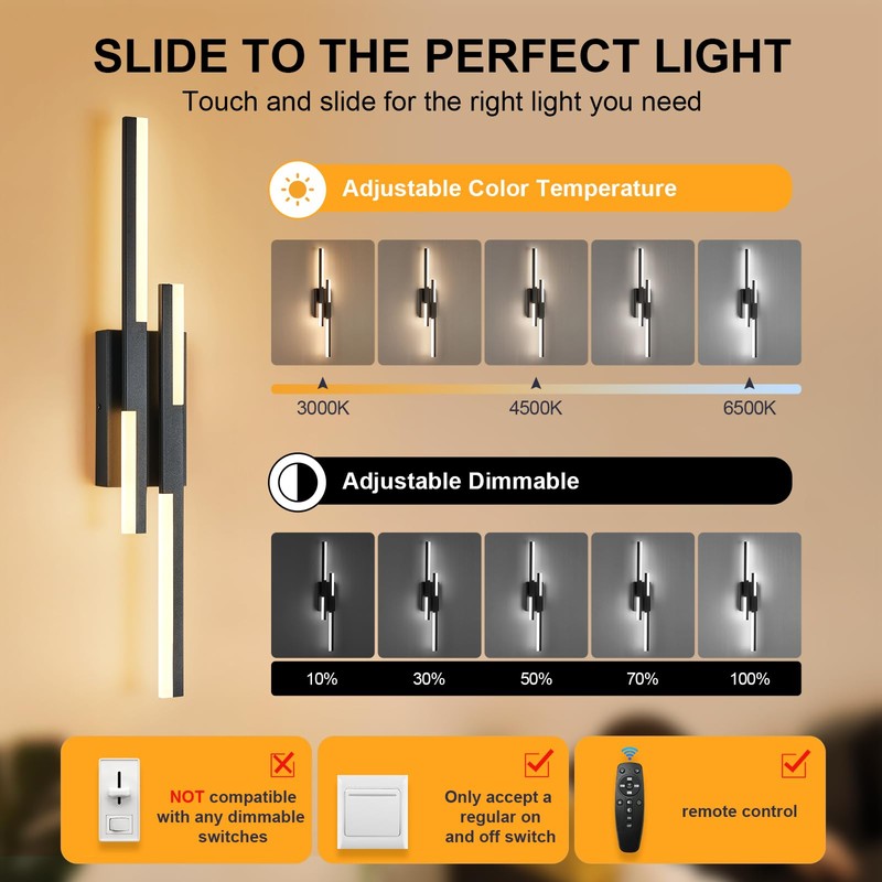 Benkut Modern LED Wall Sconce Black Remote Wall Light Fixtures
