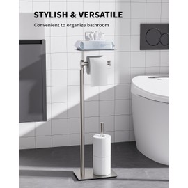 WZKALY Toilet Paper Holder Stand, Free Standing Toilet Paper Holder with Shelf for Bathroom, Stainless Steel Brushed Nickel Toilet Paper Roll Holder with Storage, Reserve for 3 Rolls, Weighted Base