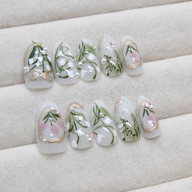 24Pcs Green Medium Length Press on Nails French Almond Shaped With Floral Design And 3D Pearl Design Acrylic Artificial False Nails Kit Full Cover White Glossy With Rhinestones Fake Nail Women Girls